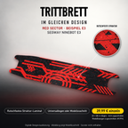 RED SECTOR Trittbrett-Skin – Standard, 20x80 cm Bogen 39,99 €, Modellzuschnitt 49,99 €. Beispiel E3; digitale Darstellung, keine physische Druckprobe; Scooter nicht enthalten.