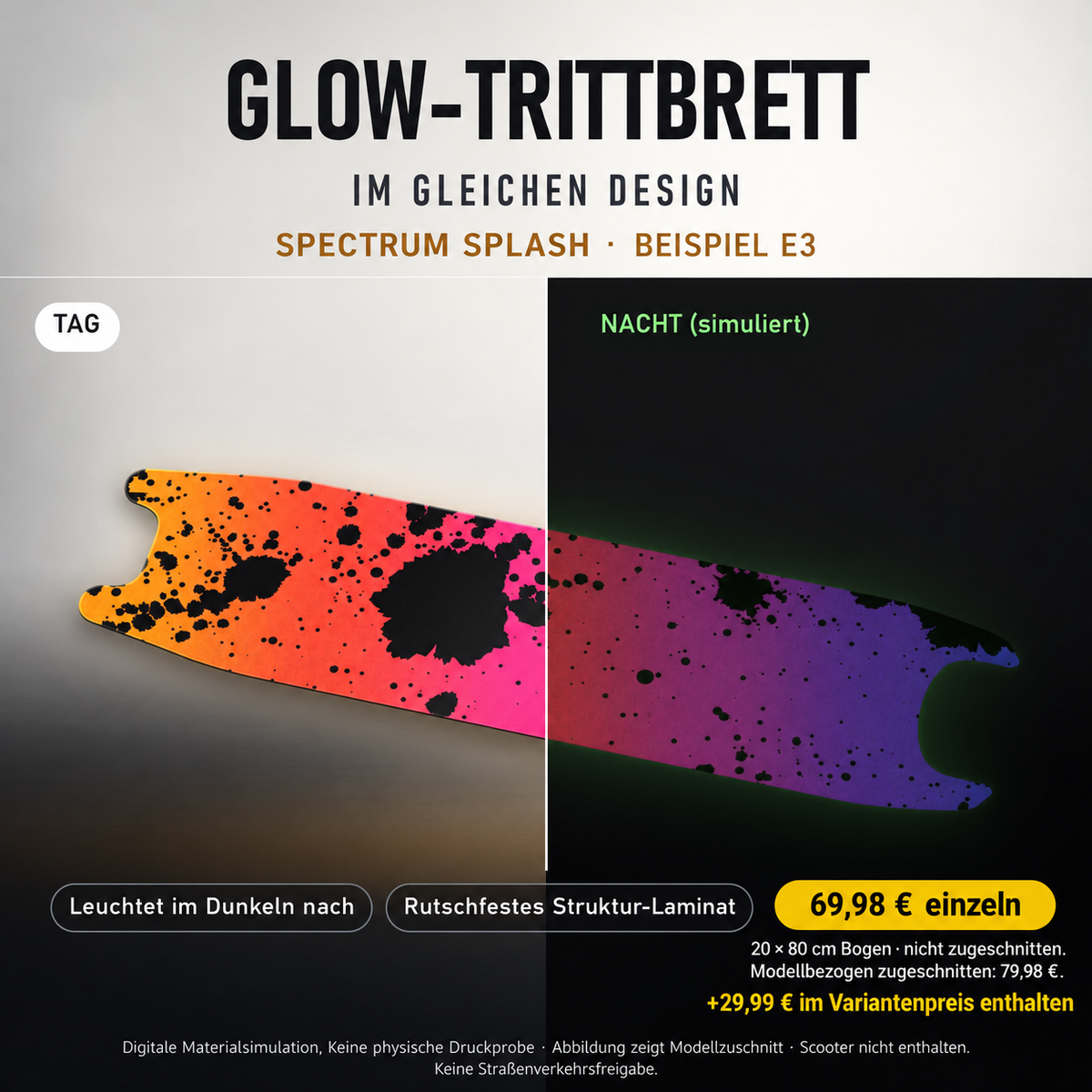SPECTRUM SPLASH Trittbrett-Skin – Glow Tag/Nacht simuliert, 20x80 cm Bogen 69,98 €, Modellzuschnitt 79,98 €. +29,99 € im Variantenpreis enthalten. Beispiel E3; digitale Darstellung, keine physische Druckprobe; Scooter nicht enthalten.