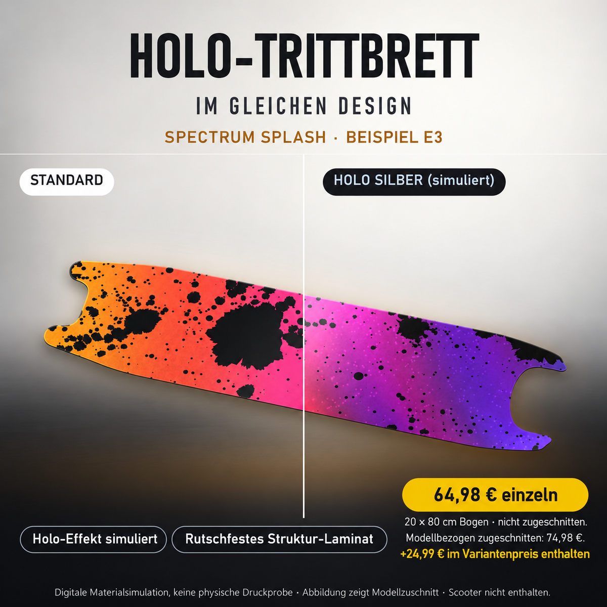 SPECTRUM SPLASH Trittbrett-Skin – Standard/Holo Silber im Vergleich, Holo-Effekt simuliert, 20x80 cm Bogen 64,98 €, Modellzuschnitt 74,98 €. +24,99 € im Variantenpreis enthalten. Beispiel E3; digitale Darstellung, keine physische Druckprobe; Scooter nicht enthalten.