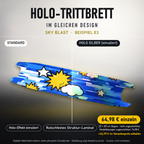 SKY BLAST Trittbrett-Skin – Standard/Holo Silber im Vergleich, Holo-Effekt simuliert, 20x80 cm Bogen 64,98 €, Modellzuschnitt 74,98 €. +24,99 € im Variantenpreis enthalten. Beispiel E3; digitale Darstellung, keine physische Druckprobe; Scooter nicht enthalten.