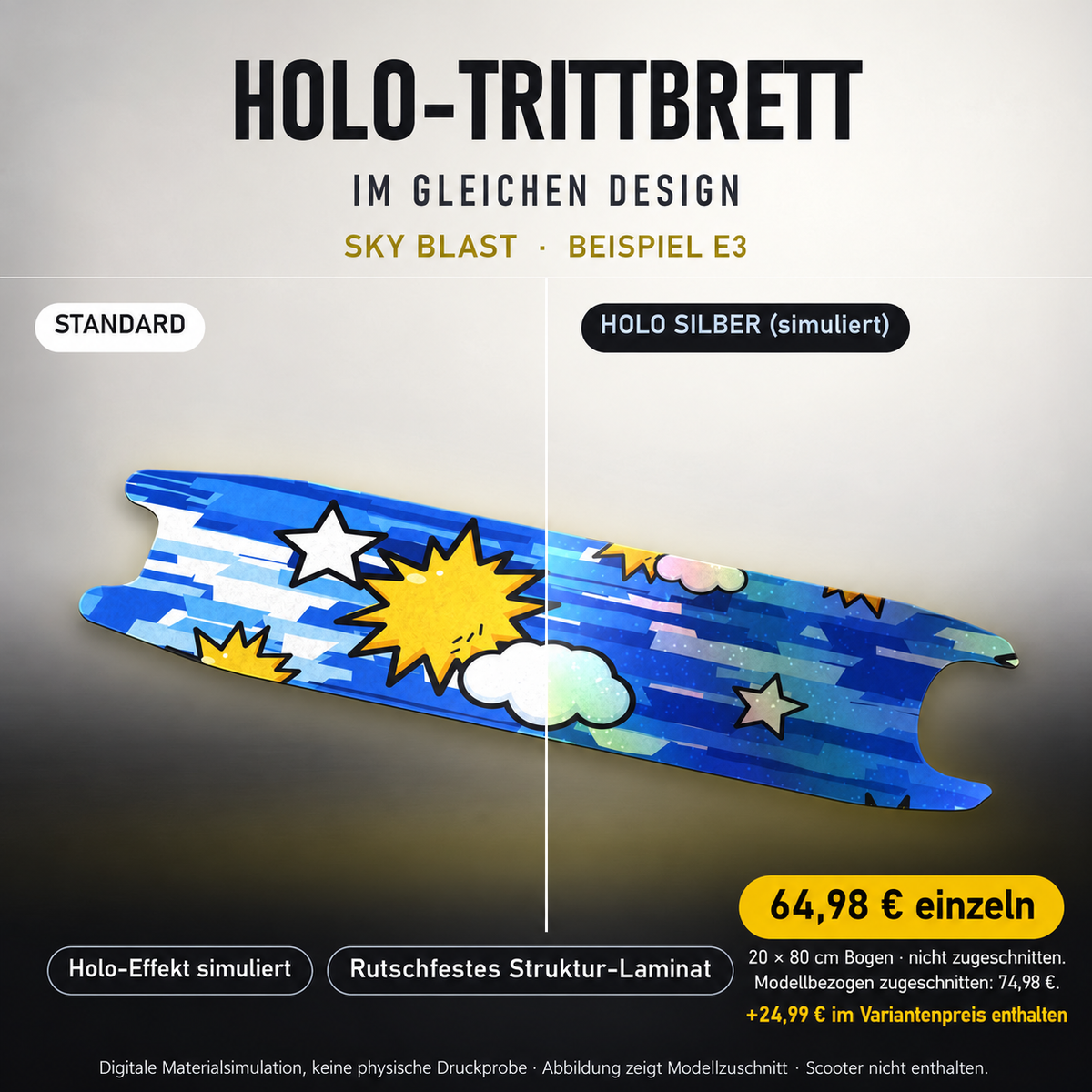 SKY BLAST Trittbrett-Skin – Standard/Holo Silber im Vergleich, Holo-Effekt simuliert, 20x80 cm Bogen 64,98 €, Modellzuschnitt 74,98 €. +24,99 € im Variantenpreis enthalten. Beispiel E3; digitale Darstellung, keine physische Druckprobe; Scooter nicht enthalten.
