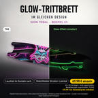 NEON TRIBAL Trittbrett-Skin – Glow Tag/Nacht simuliert, 20x80 cm Bogen 69,98 €, Modellzuschnitt 79,98 €. +29,99 € im Variantenpreis enthalten. Beispiel E3; digitale Darstellung, keine physische Druckprobe; Scooter nicht enthalten.