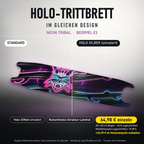 NEON TRIBAL Trittbrett-Skin – Standard/Holo Silber im Vergleich, Holo-Effekt simuliert, 20x80 cm Bogen 64,98 €, Modellzuschnitt 74,98 €. +24,99 € im Variantenpreis enthalten. Beispiel E3; digitale Darstellung, keine physische Druckprobe; Scooter nicht enthalten.