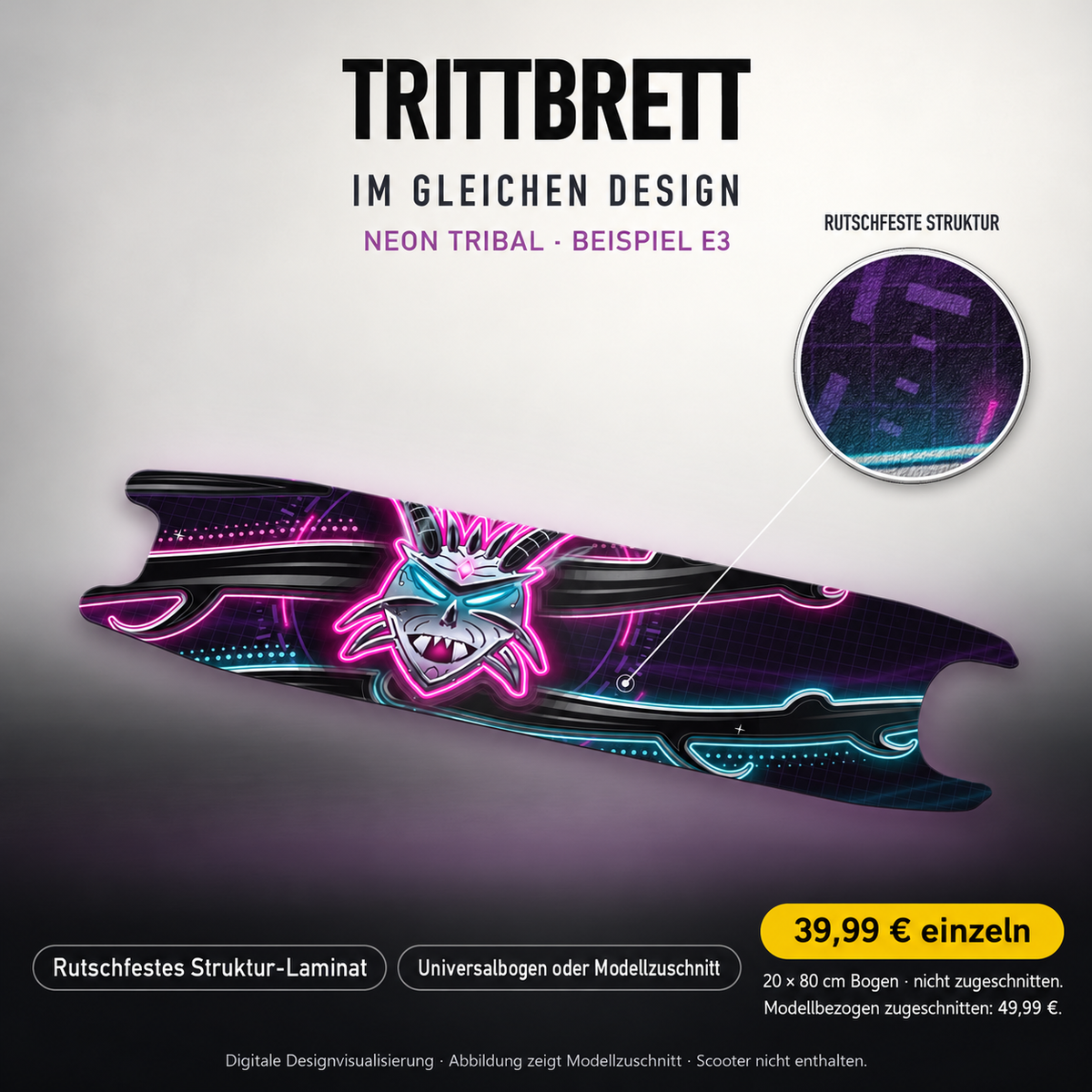 NEON TRIBAL Trittbrett-Skin – Standard, 20x80 cm Bogen 39,99 €, Modellzuschnitt 49,99 €. Beispiel E3; digitale Darstellung, keine physische Druckprobe; Scooter nicht enthalten.