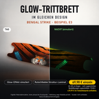 BENGAL STRIKE Trittbrett-Skin – Glow Tag/Nacht simuliert, 20x80 cm Bogen 69,98 €, Modellzuschnitt 79,98 €. +29,99 € im Variantenpreis enthalten. Beispiel E3; digitale Darstellung, keine physische Druckprobe; Scooter nicht enthalten.