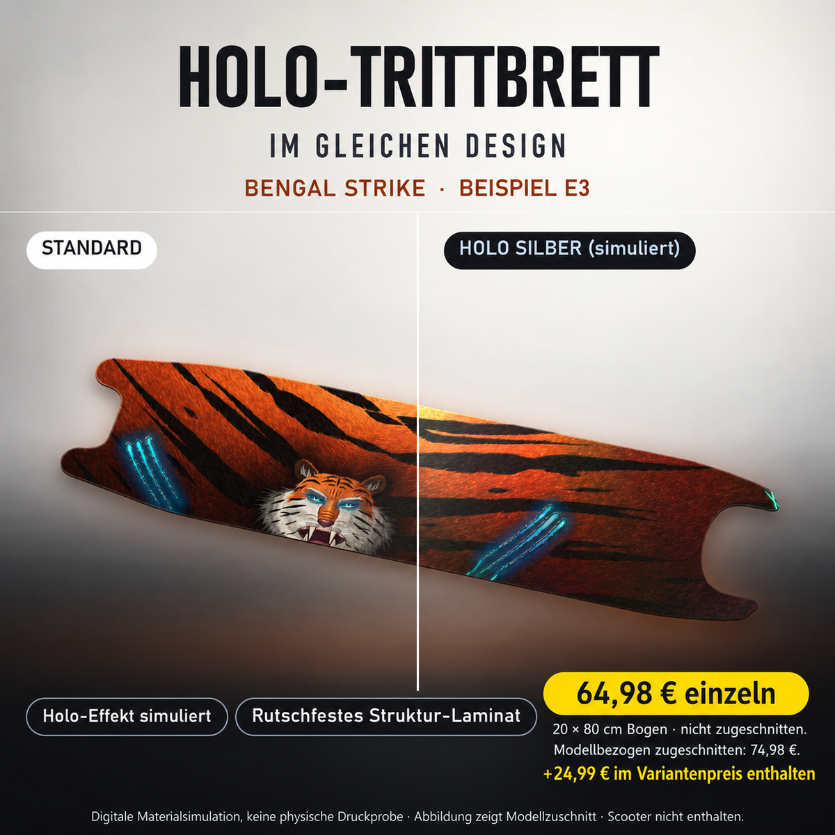 BENGAL STRIKE Trittbrett-Skin – Standard/Holo Silber im Vergleich, Holo-Effekt simuliert, 20x80 cm Bogen 64,98 €, Modellzuschnitt 74,98 €. +24,99 € im Variantenpreis enthalten. Beispiel E3; digitale Darstellung, keine physische Druckprobe; Scooter nicht enthalten.
