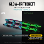 STREET VIBES Trittbrett-Skin – Glow Tag/Nacht simuliert, 20x80 cm Bogen 69,98 €, Modellzuschnitt 79,98 €. +29,99 € im Variantenpreis enthalten. Beispiel E3; digitale Darstellung, keine physische Druckprobe; Scooter nicht enthalten.