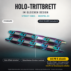 STREET VIBES Trittbrett-Skin – Standard/Holo Silber im Vergleich, Holo-Effekt simuliert, 20x80 cm Bogen 64,98 €, Modellzuschnitt 74,98 €. +24,99 € im Variantenpreis enthalten. Beispiel E3; digitale Darstellung, keine physische Druckprobe; Scooter nicht enthalten.