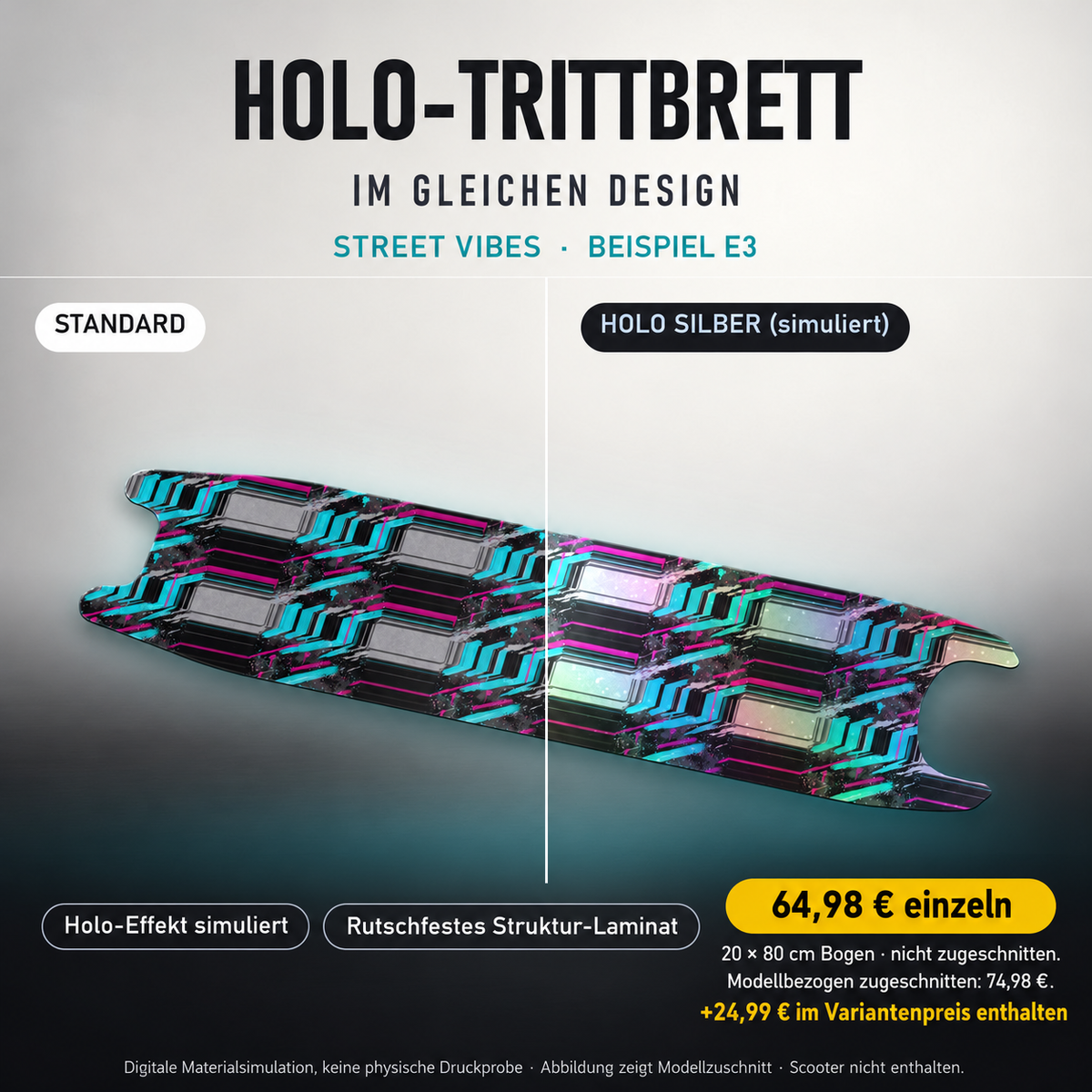 STREET VIBES Trittbrett-Skin – Standard/Holo Silber im Vergleich, Holo-Effekt simuliert, 20x80 cm Bogen 64,98 €, Modellzuschnitt 74,98 €. +24,99 € im Variantenpreis enthalten. Beispiel E3; digitale Darstellung, keine physische Druckprobe; Scooter nicht enthalten.