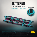 STREET VIBES Trittbrett-Skin – Standard, 20x80 cm Bogen 39,99 €, Modellzuschnitt 49,99 €. Beispiel E3; digitale Darstellung, keine physische Druckprobe; Scooter nicht enthalten.