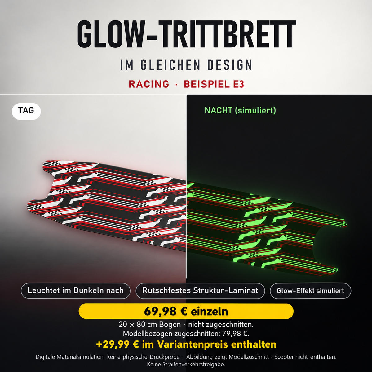 RACING Trittbrett-Skin – Glow Tag/Nacht simuliert, 20x80 cm Bogen 69,98 €, Modellzuschnitt 79,98 €. +29,99 € im Variantenpreis enthalten. Beispiel E3; digitale Darstellung, keine physische Druckprobe; Scooter nicht enthalten.