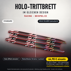 RACING Trittbrett-Skin – Standard/Holo Silber im Vergleich, Holo-Effekt simuliert, 20x80 cm Bogen 64,98 €, Modellzuschnitt 74,98 €. +24,99 € im Variantenpreis enthalten. Beispiel E3; digitale Darstellung, keine physische Druckprobe; Scooter nicht enthalten.