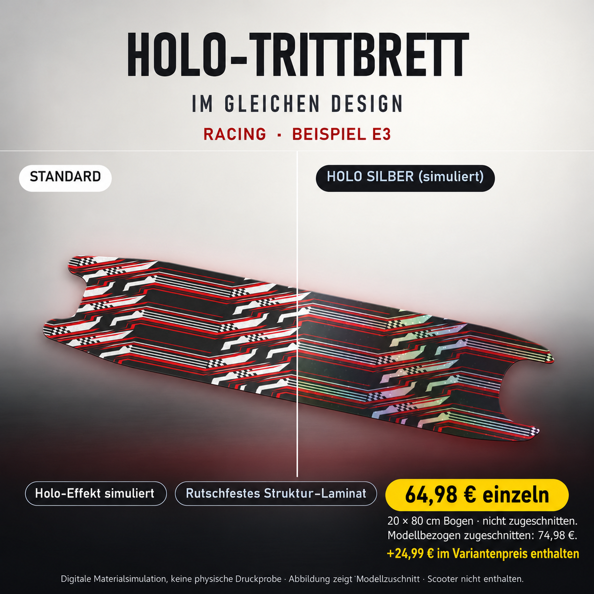 RACING Trittbrett-Skin – Standard/Holo Silber im Vergleich, Holo-Effekt simuliert, 20x80 cm Bogen 64,98 €, Modellzuschnitt 74,98 €. +24,99 € im Variantenpreis enthalten. Beispiel E3; digitale Darstellung, keine physische Druckprobe; Scooter nicht enthalten.