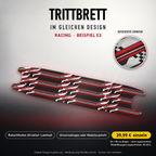 RACING Trittbrett-Skin – Standard, 20x80 cm Bogen 39,99 €, Modellzuschnitt 49,99 €. Beispiel E3; digitale Darstellung, keine physische Druckprobe; Scooter nicht enthalten.