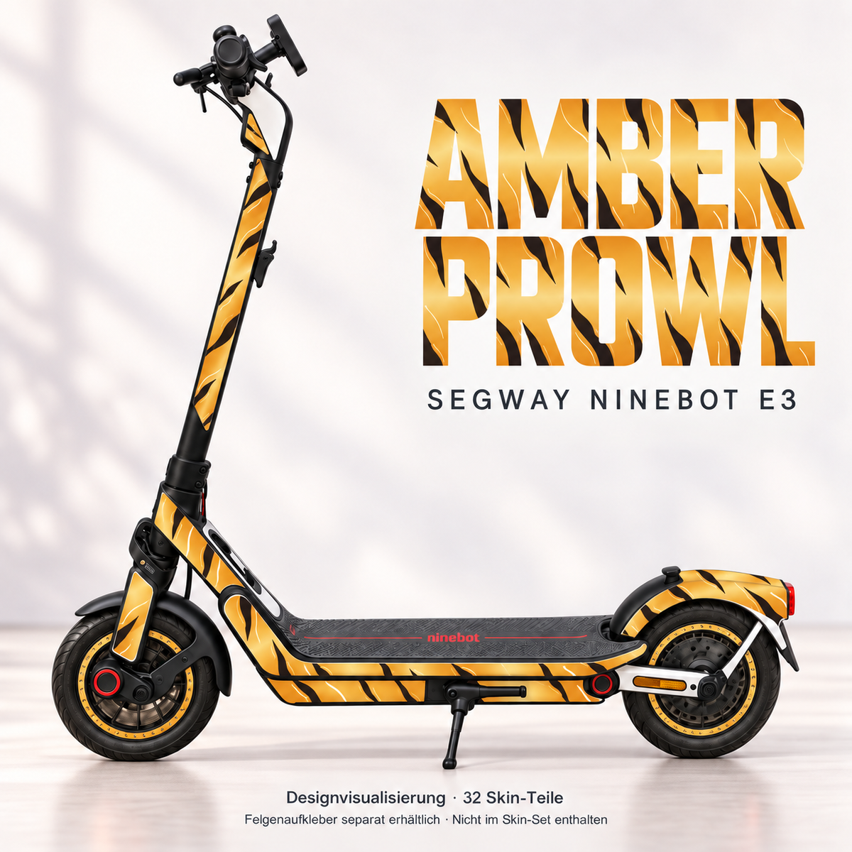 Amber Prowl auf Ninebot E3 – warme Bernsteinfarben mit geschwungenen dunklen Streifen. Originale Trittmatte bleibt; passende Felgenaufkleber separat.