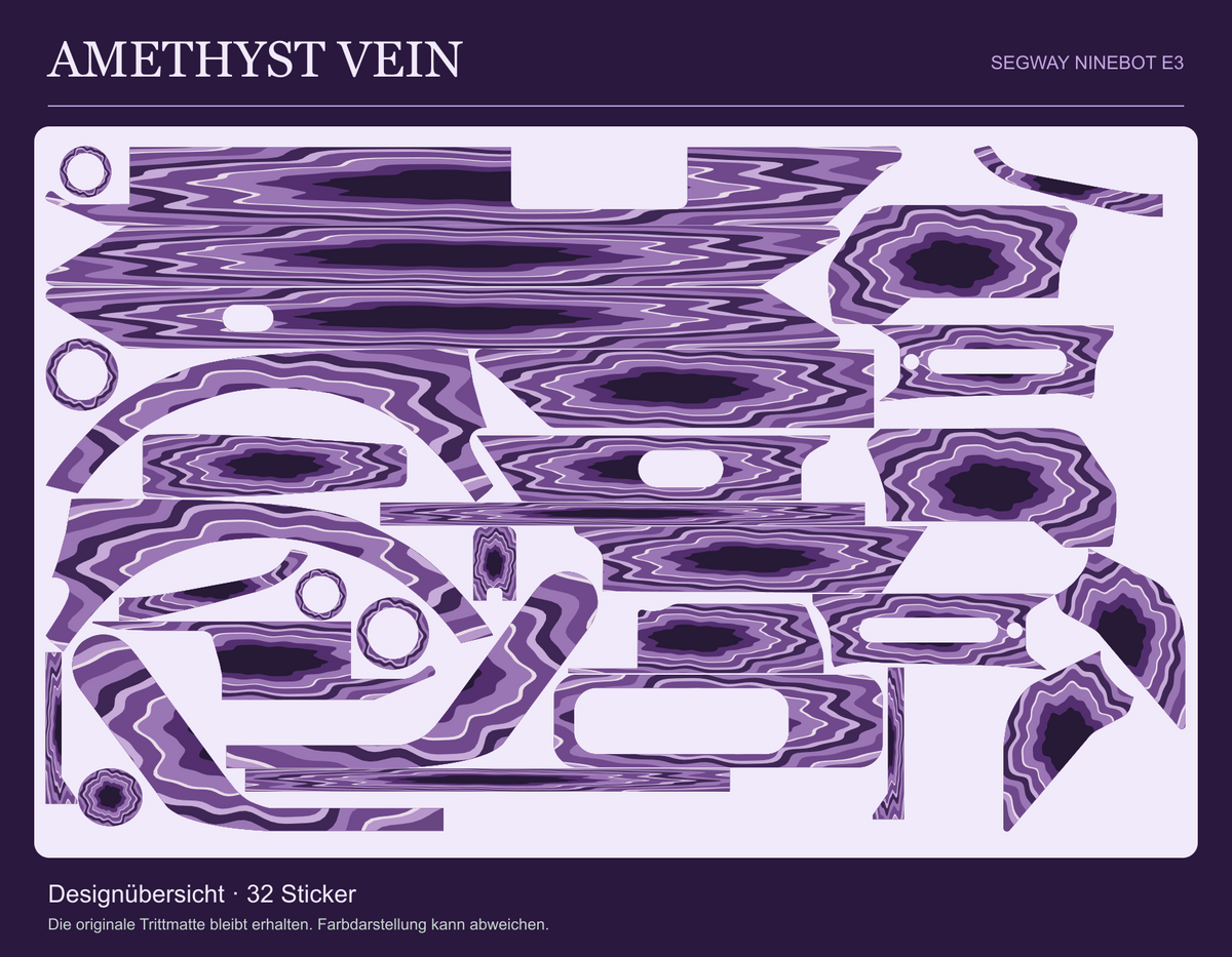 AMETHYST VEIN für Segway Ninebot E3: Übersicht aller 32 gestalteten Sticker mit violetten und fliederfarbenen Mineralschichten und hellen Adern. Originale Trittmatte nicht enthalten.