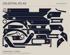 CELESTIAL ATLAS für Segway Ninebot E3: Übersicht aller 32 nachtblauen Sticker mit beigegoldenen Sternrosetten, Kreisbahnen und violetten Bögen.
