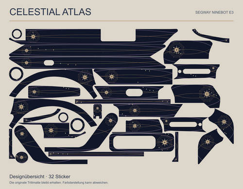 CELESTIAL ATLAS für Segway Ninebot E3: Übersicht aller 32 nachtblauen Sticker mit beigegoldenen Sternrosetten, Kreisbahnen und violetten Bögen.