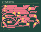 CITRUS CLUB für Segway Ninebot E3: alle 32 Sticker mit gelben Zitrusscheiben und grünen Blättern auf Korallrosa in einer Designübersicht.