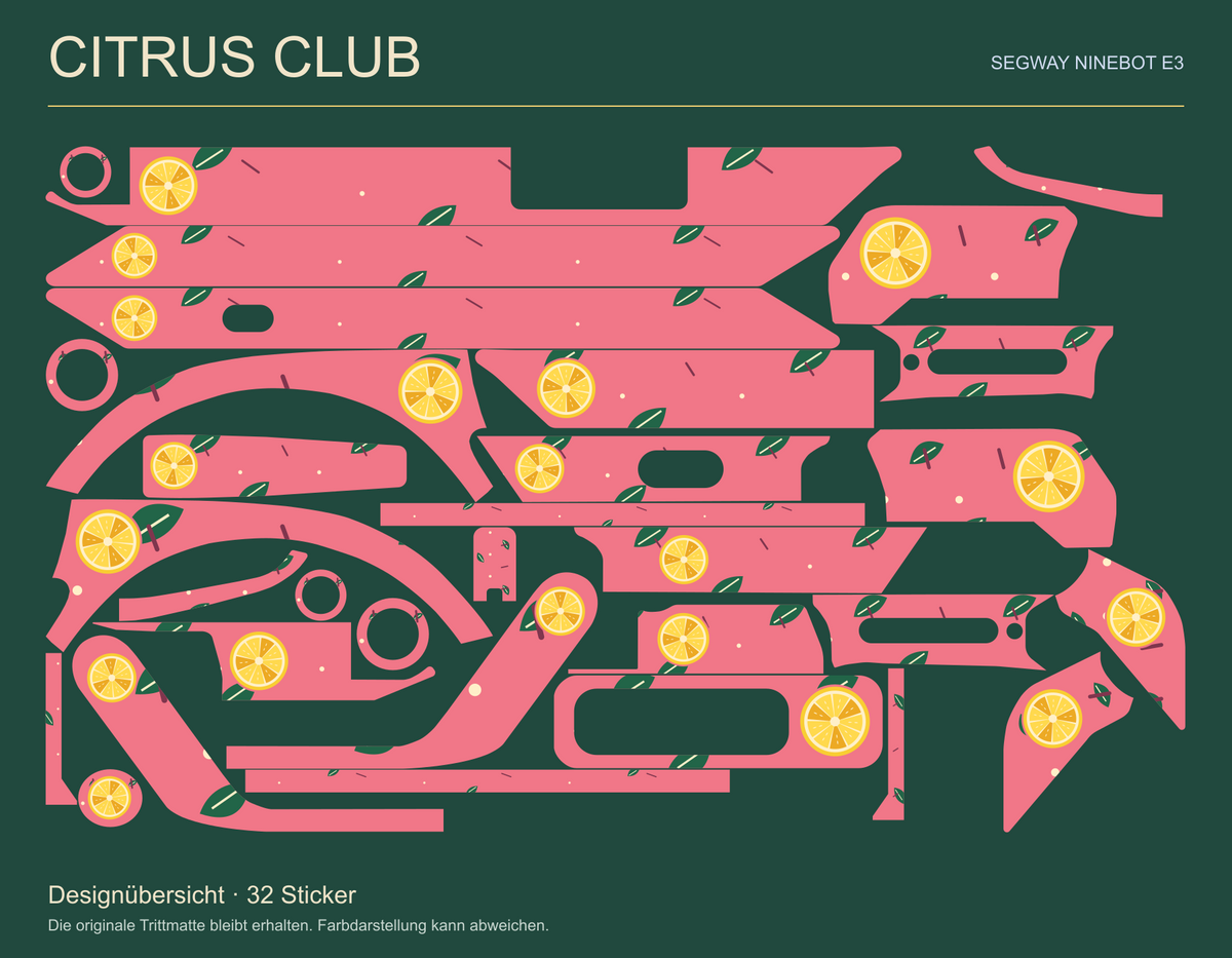CITRUS CLUB für Segway Ninebot E3: alle 32 Sticker mit gelben Zitrusscheiben und grünen Blättern auf Korallrosa in einer Designübersicht.
