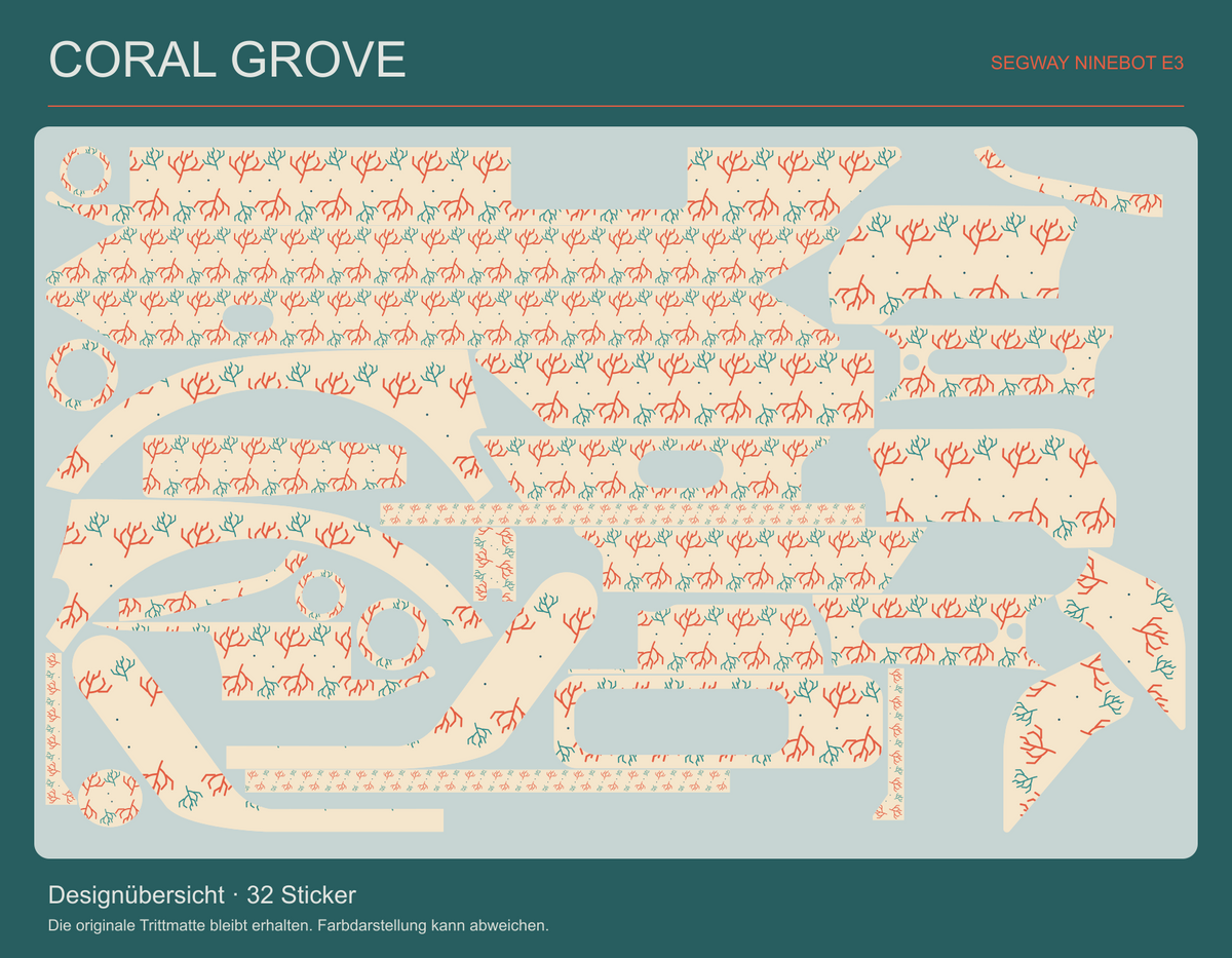 Coral Grove für Ninebot E3 – tatsächliche Gestaltung aller 32 Originalteile mit erhaltenen Aussparungen.
