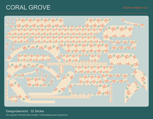Coral Grove für Ninebot E3 – tatsächliche Gestaltung aller 32 Originalteile mit erhaltenen Aussparungen.