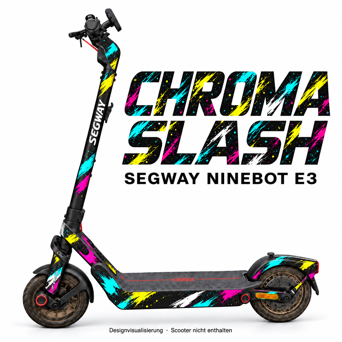 SEGWAY NINEBOT E3 SKIN | CHROMA SLASH – Designvisualisierung am passenden Scooter. Scooter nicht enthalten.