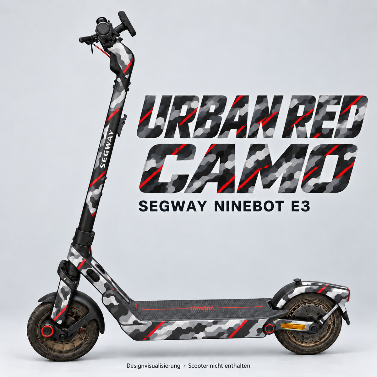 SEGWAY NINEBOT E3 SKIN | URBAN RED CAMO – Designvisualisierung am passenden Scooter. Scooter nicht enthalten.
