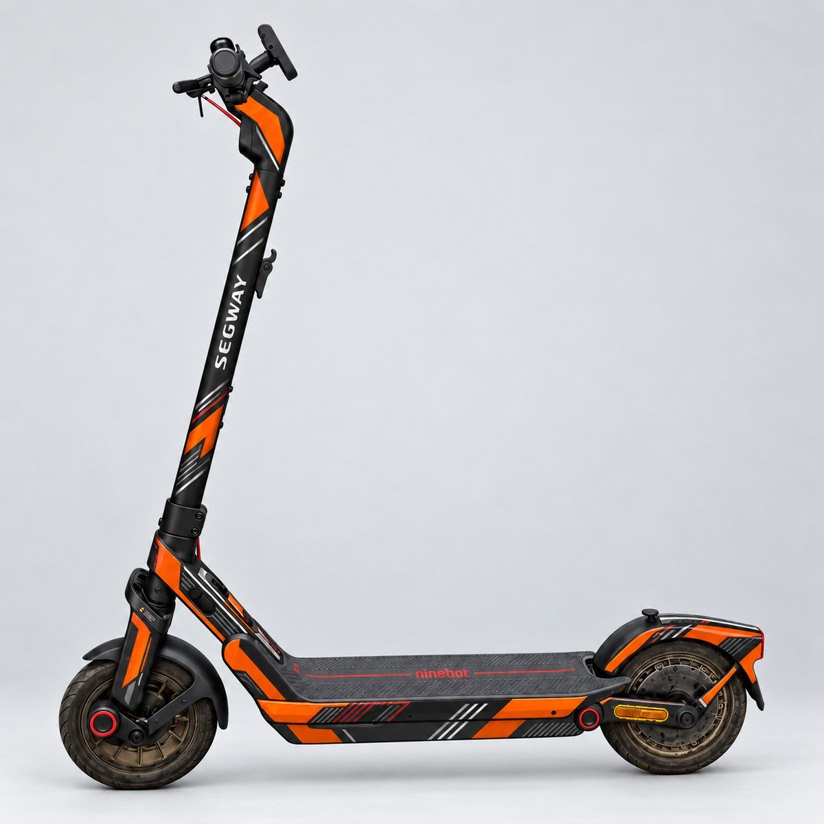 Orange Velocity – Designvisualisierung des montierten Skins am Segway Ninebot E3. Scooter nicht enthalten.