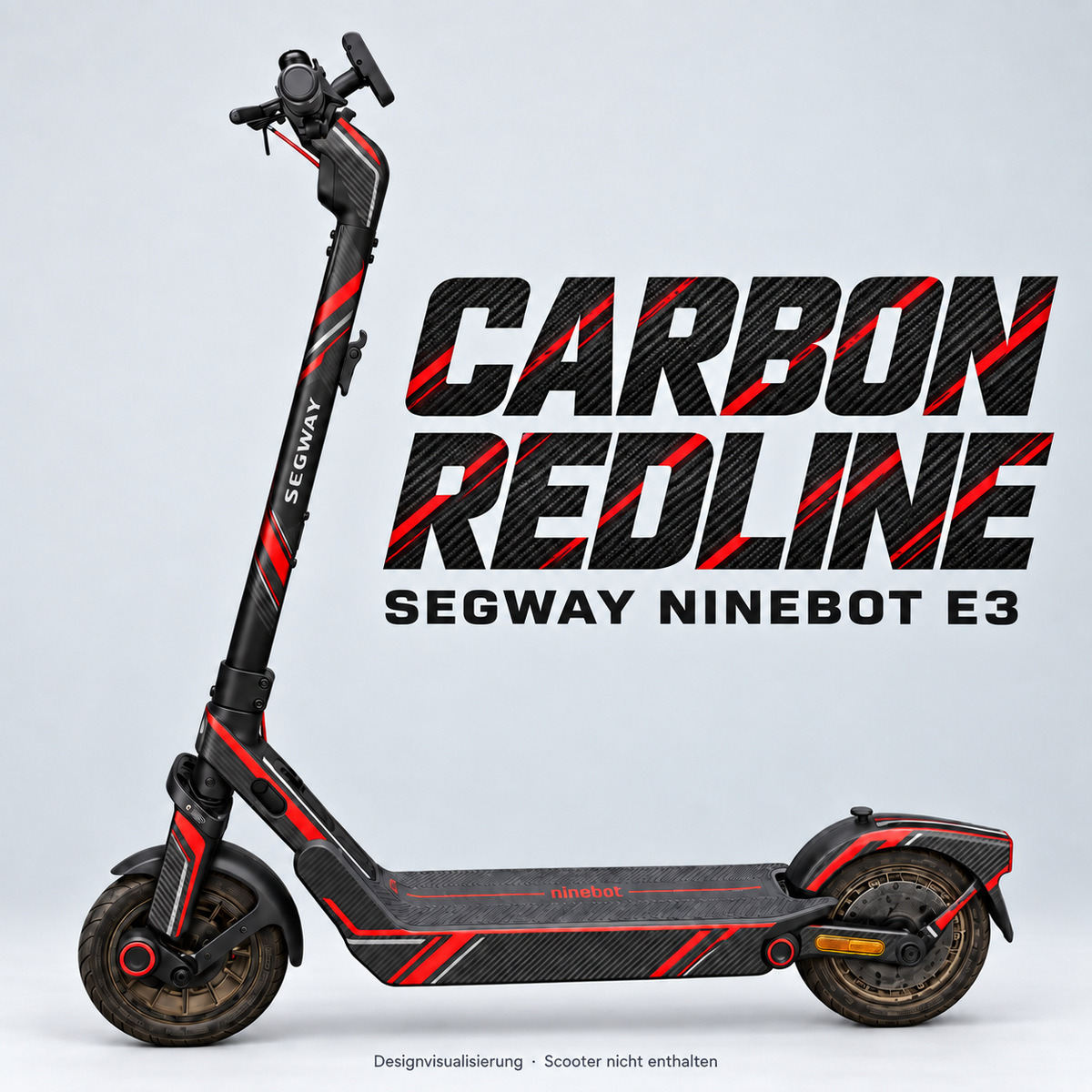 SEGWAY NINEBOT E3 SKIN | CARBON REDLINE – Designvisualisierung am passenden Scooter. Scooter nicht enthalten.