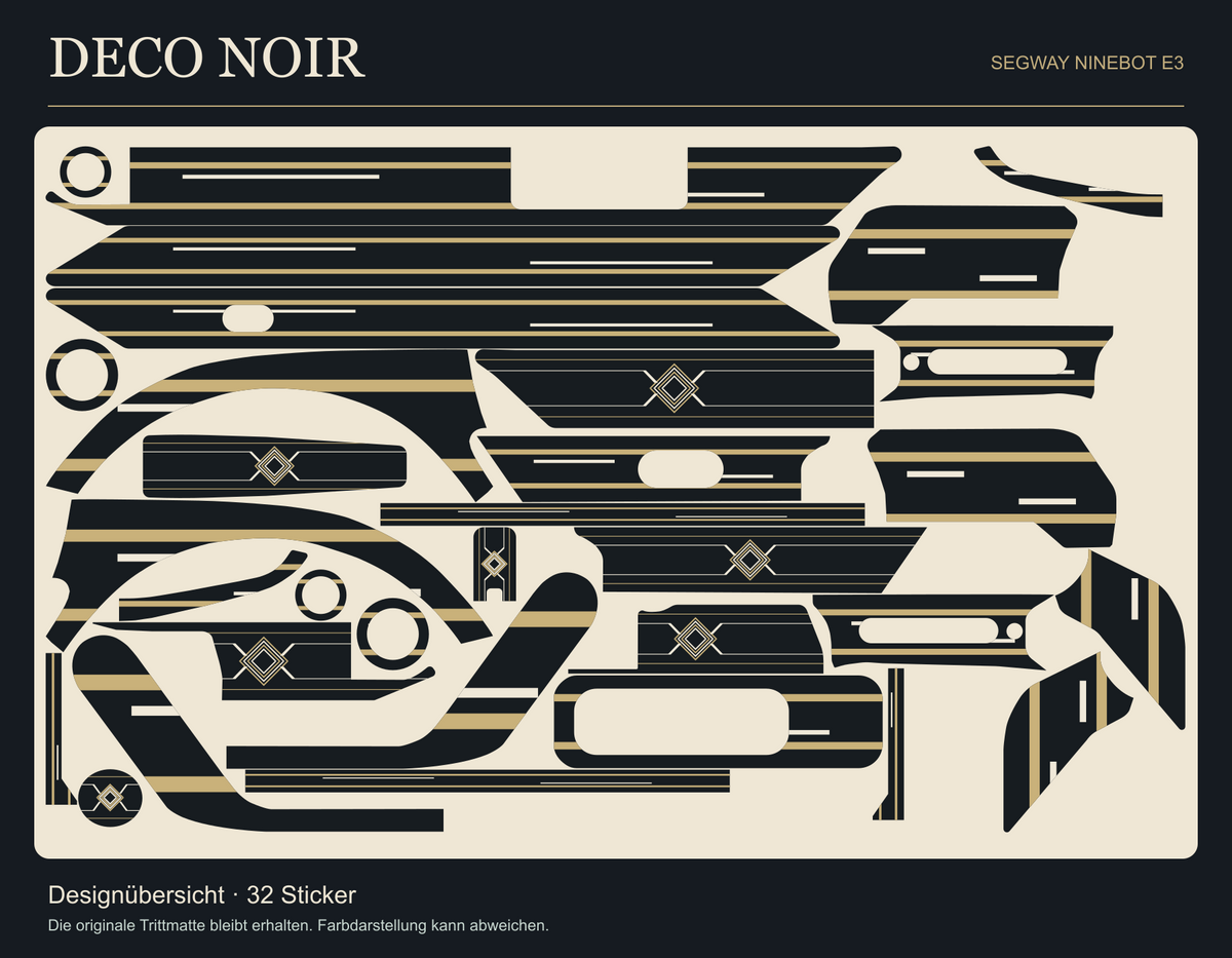 DECO NOIR für Segway Ninebot E3: Übersicht aller 32 gestalteten Sticker in Graphit mit champagnerfarbenen Linien und Art-Deco-Rauten. Originale Trittmatte nicht enthalten.