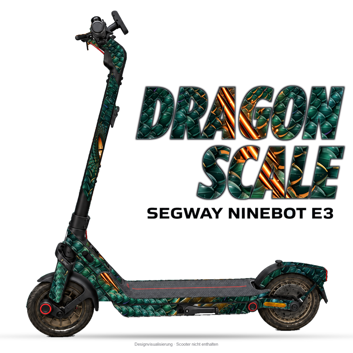 DRAGON SCALE – Designvisualisierung am Segway Ninebot E3. Scooter nicht enthalten.