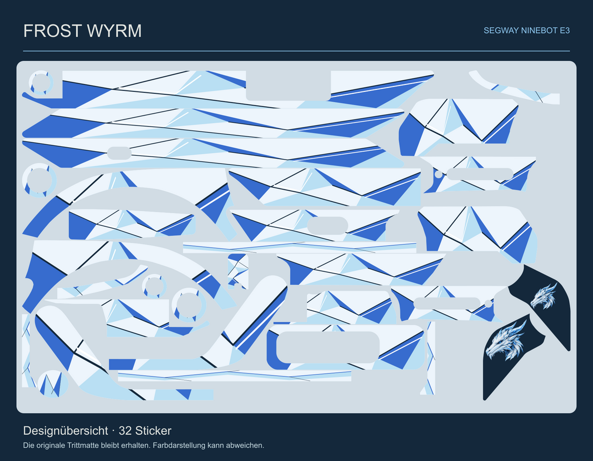 Frost Wyrm Ninebot E3: alle 32 Skin-Teile mit elf vorgesehenen Aussparungen.