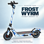 Frost Wyrm am vollständigen Ninebot E3: Eisdrachenmotiv und eisweiße Kristallflächen. Originaltrittmatte bleibt erhalten; Felgenaufkleber separat.