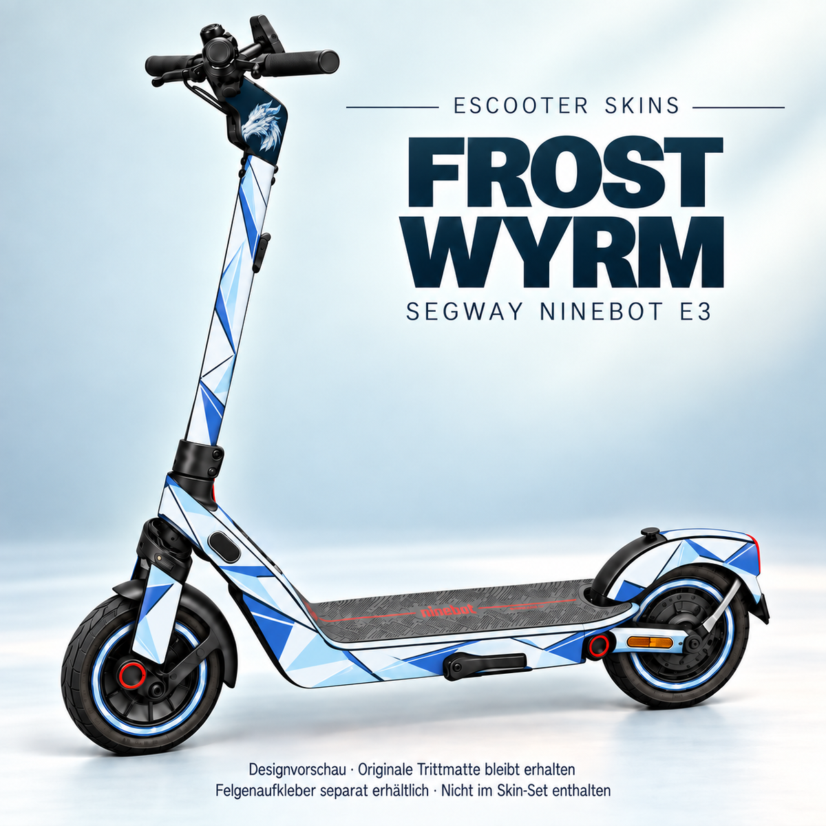 Frost Wyrm am vollständigen Ninebot E3: Eisdrachenmotiv und eisweiße Kristallflächen. Originaltrittmatte bleibt erhalten; Felgenaufkleber separat.