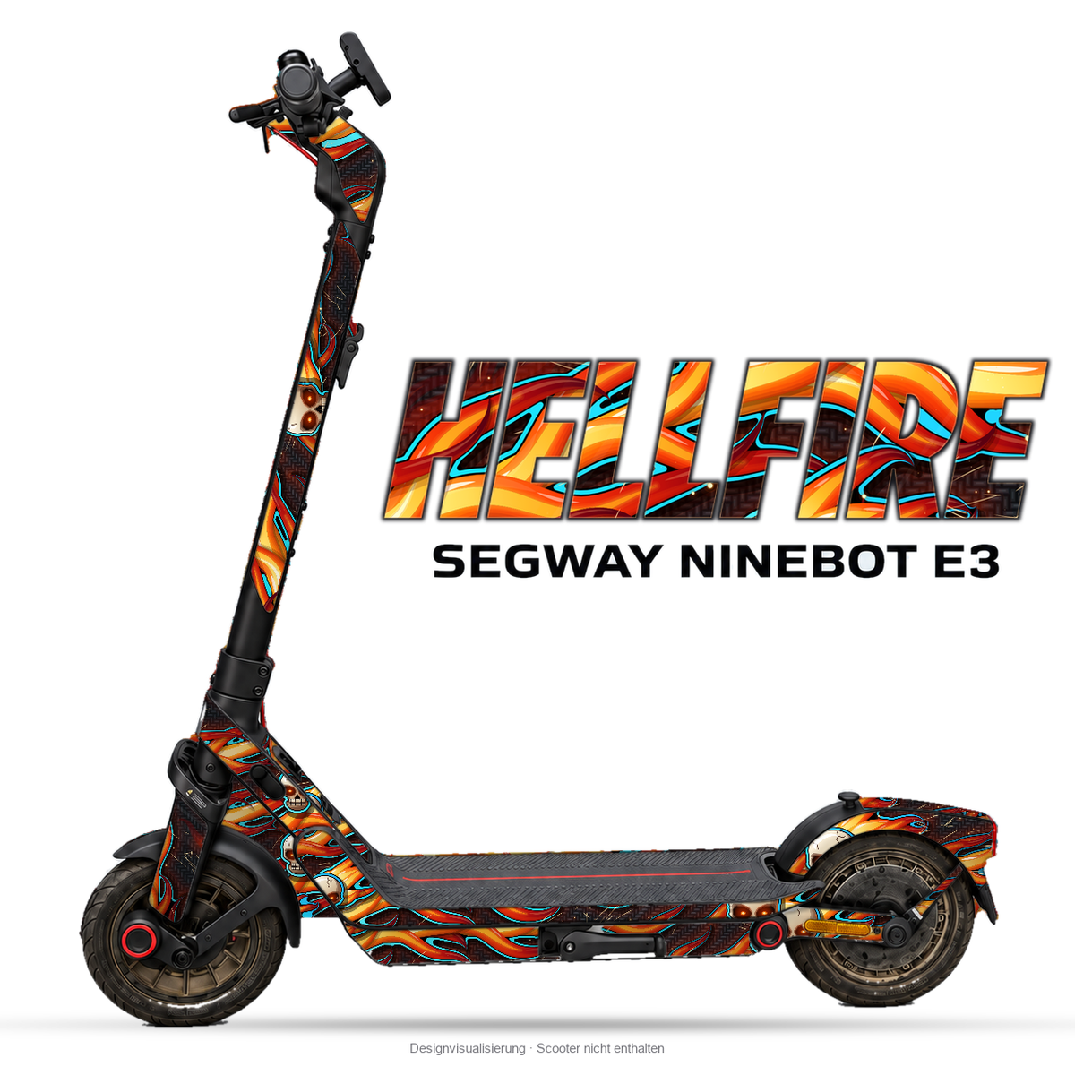 HELLFIRE – Designvisualisierung am Segway Ninebot E3. Scooter nicht enthalten.