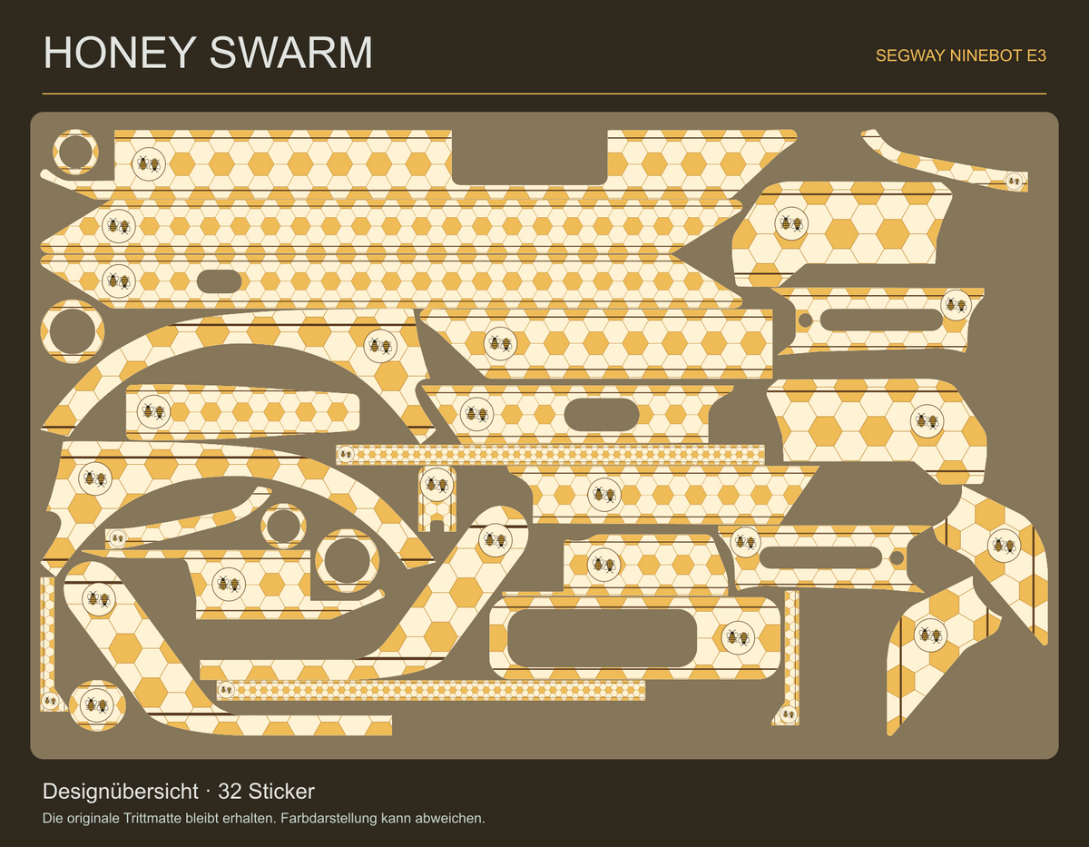 HONEY SWARM für Ninebot E3: Übersicht der 32 tatsächlichen Stickerformen mit creme- und bernsteinfarbenen Waben sowie kleinen kreisförmigen Bienenpaar-Motiven. Trittmatte nicht enthalten.