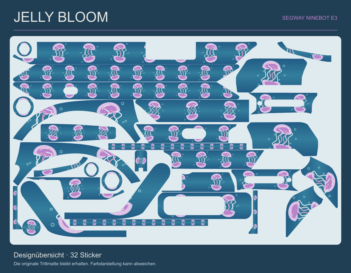Jelly Bloom für Ninebot E3 – tatsächliche Gestaltung aller 32 Originalteile mit erhaltenen Aussparungen.