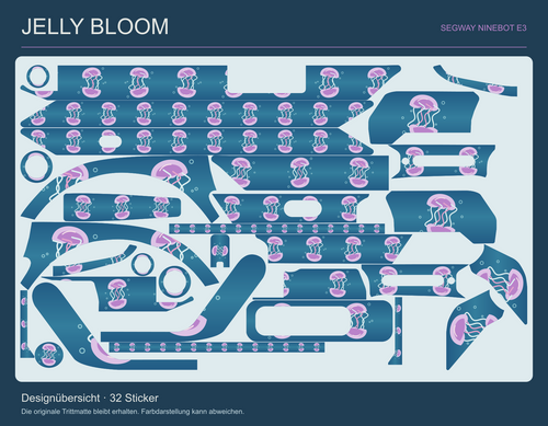 Jelly Bloom für Ninebot E3 – tatsächliche Gestaltung aller 32 Originalteile mit erhaltenen Aussparungen.