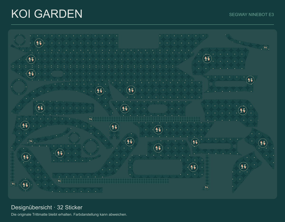 Koi Garden für Ninebot E3: Gestaltung aller 32 Original-Sticker mit erhaltenen Aussparungen; originale Trittmatte bleibt erhalten.