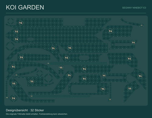 Koi Garden für Ninebot E3: Gestaltung aller 32 Original-Sticker mit erhaltenen Aussparungen; originale Trittmatte bleibt erhalten.