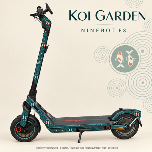 Koi Garden Skin für Ninebot E3 in Petrol und Jade mit Koi-Motiven. Designvisualisierung; Scooter, Trittmatte und Felgenaufkleber nicht enthalten.