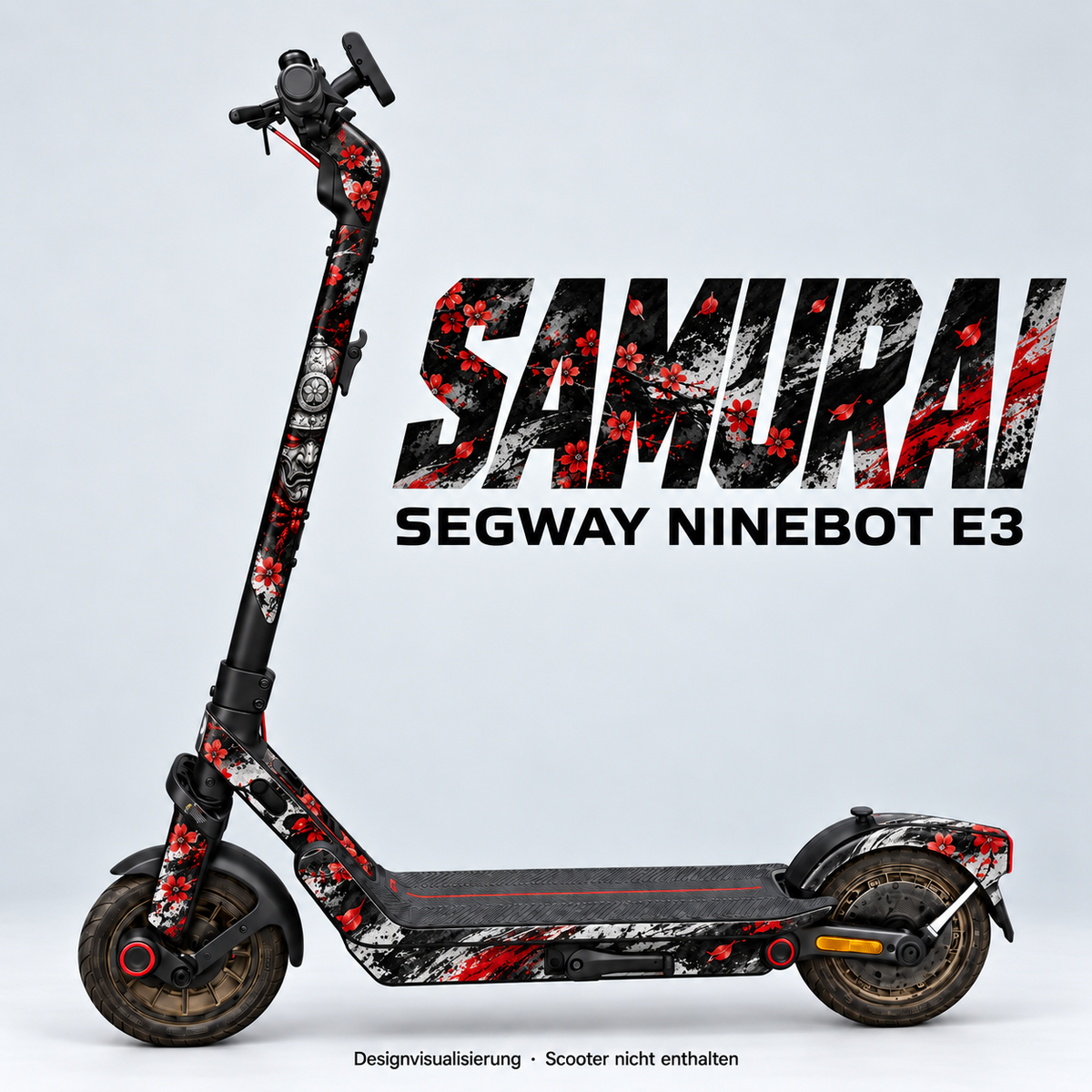SAMURAI – Designvisualisierung am Segway Ninebot E3. Scooter nicht enthalten.