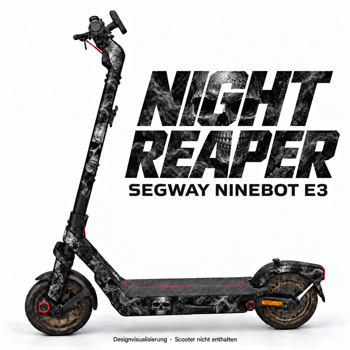 NIGHT REAPER – Designvisualisierung am Segway Ninebot E3. Scooter nicht enthalten.
