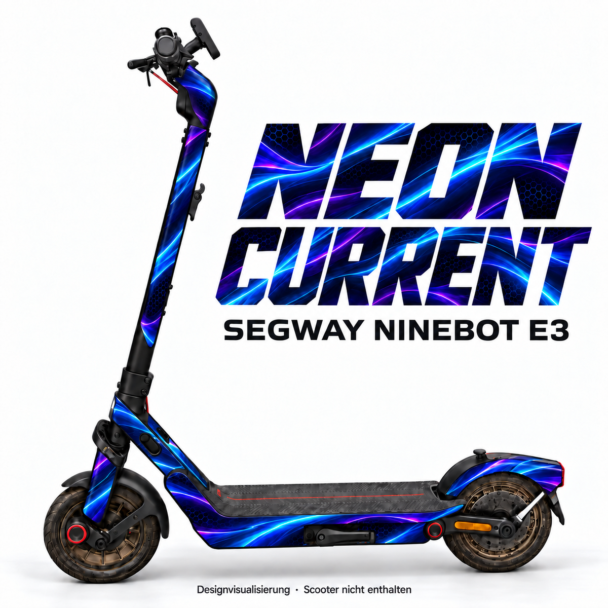 NEON CURRENT – Designvisualisierung am Segway Ninebot E3. Scooter nicht enthalten.