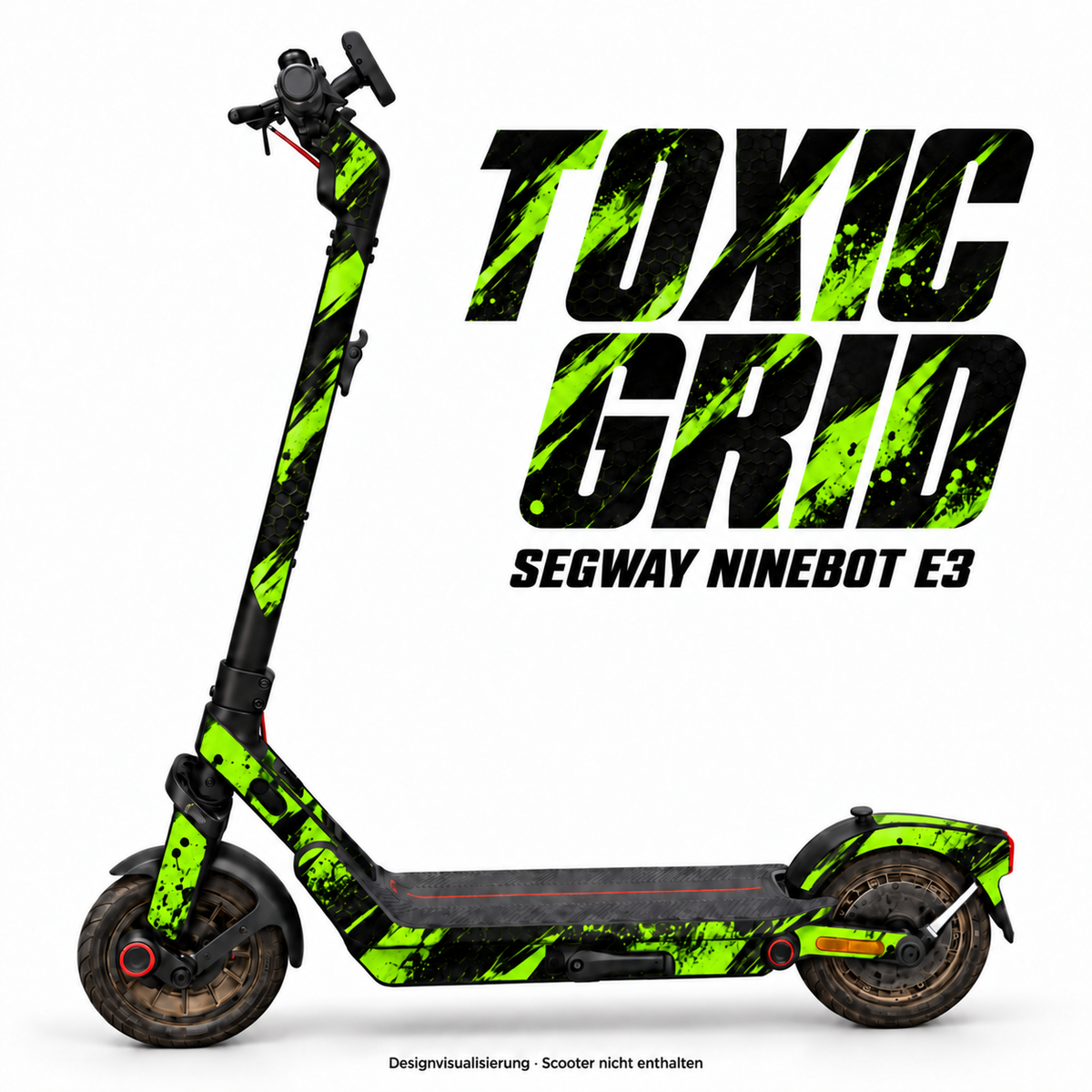 TOXIC GRID – Designvisualisierung am Segway Ninebot E3. Scooter nicht enthalten.