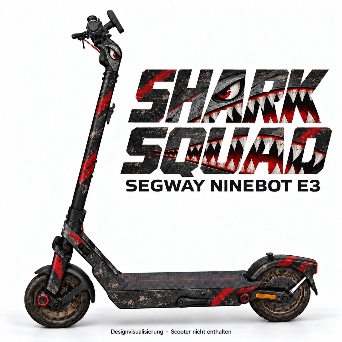 SHARK SQUAD – Designvisualisierung am Segway Ninebot E3. Scooter nicht enthalten.