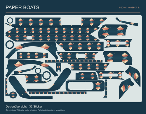 Paper Boats Ninebot E3 – tatsächliche Gestaltung aller 32 Skin-Teile mit elf erhaltenen Aussparungen.