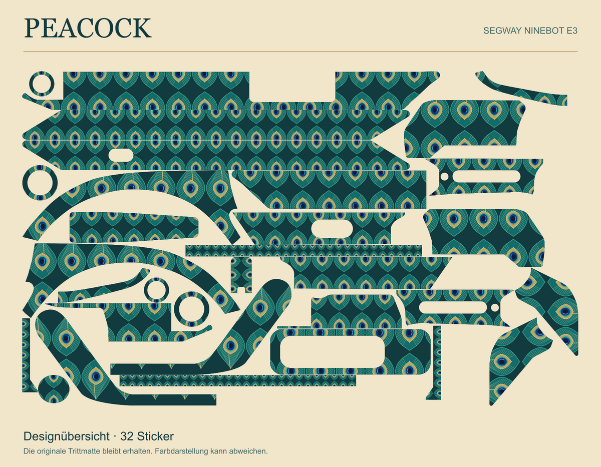 PEACOCK für Segway Ninebot E3: Übersicht der 32 gestalteten Sticker mit Pfauenfeder-Ornamenten in Petrol, Smaragd, Türkis, Blau und Ocker.