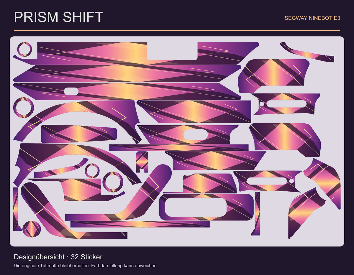 Prism Shift für Ninebot E3 – tatsächliche Gestaltung der 32 Original-Sticker mit erhaltenen Aussparungen.